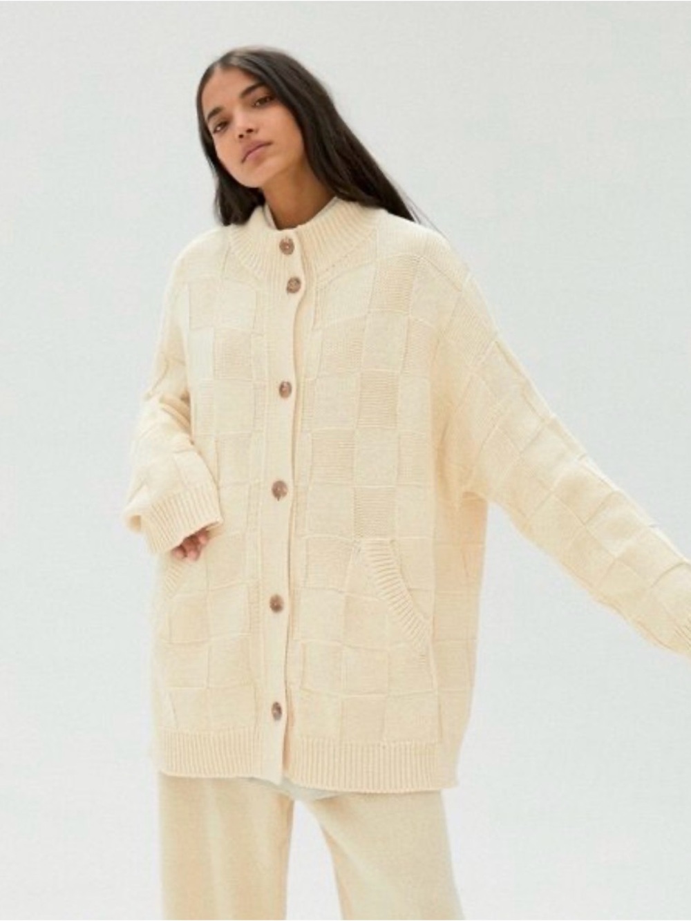 Neutral Cream Textured Button-Front Cardigan